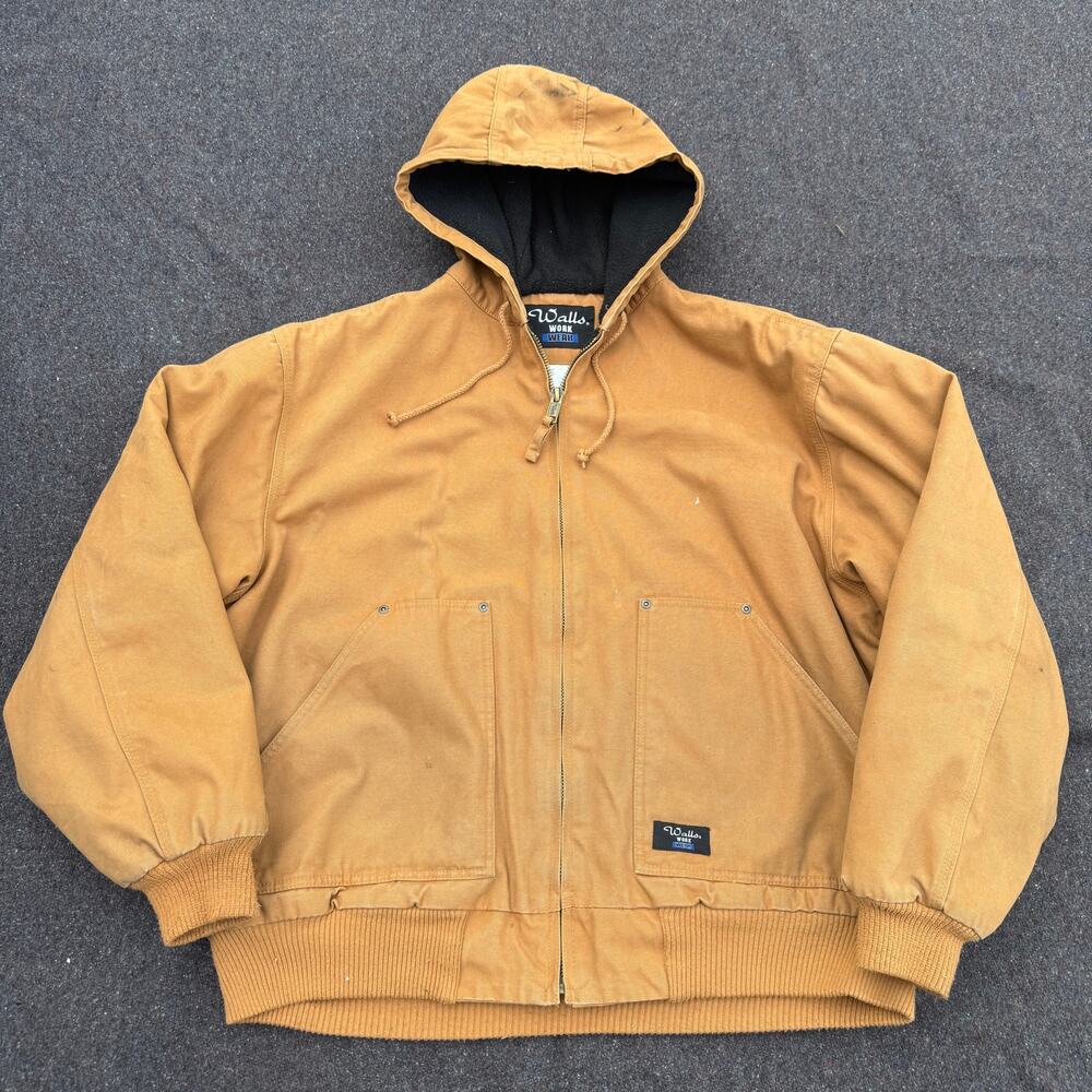 Men's Walls Work Wear Canvas Tan Brown Fleece Lined Hooded Active Jacket Sz XL